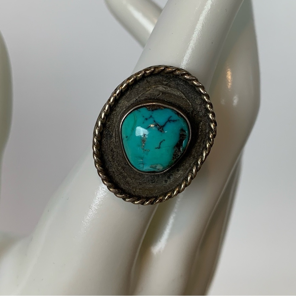Sterling Silver Ring Turquoise Stone Vtg Southwestern Oval Size 5.25 Pinky Ring
